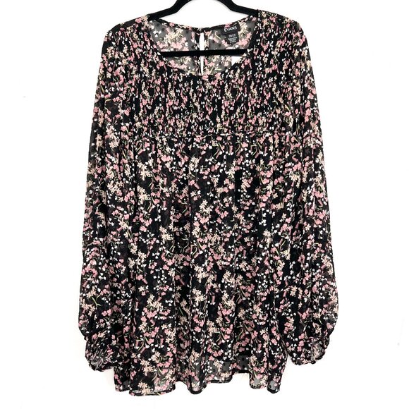 NWT Evans Black Sheer Swiss Dot Floral Balloon Sleeve Blouse 26/28 3X mc - Picture 1 of 5